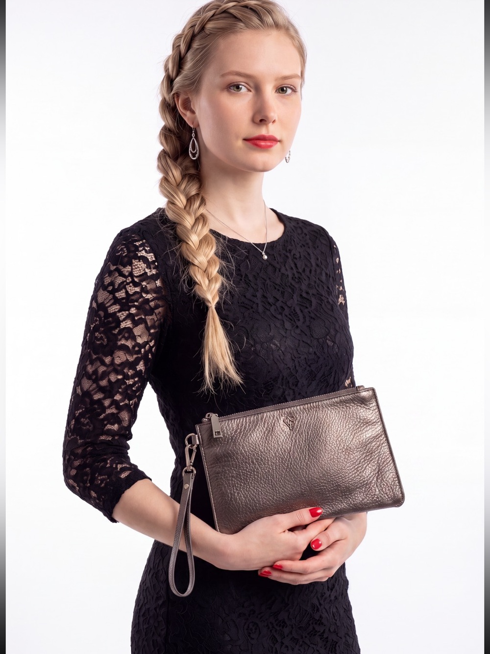 Cole Haan Metallic Pewter Leather Wristlet Clutch